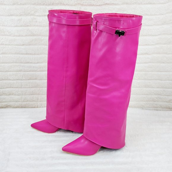 Paris Fuchsia Pink Skirted Fold Over 3.5" Block Heel Knee High Boots - Picture 4 of 9